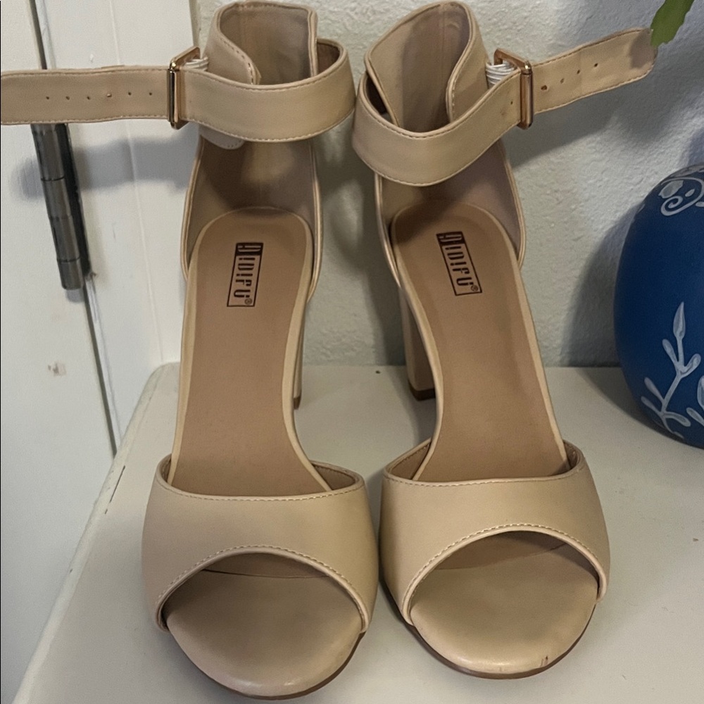 Beige Ankle-Strap Block Heels